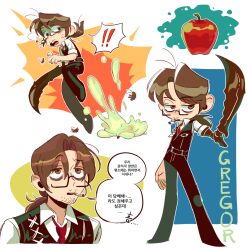 Rule 34 | 1boy, apple, brown eyes, brown hair, bug, cigarette, colorful, facial hair, food, fruit, glasses, gregor (project moon), highres, korean text, limbus company, male focus, part 7, ponytail, project moon, speech bubble, sweat, toon (style)