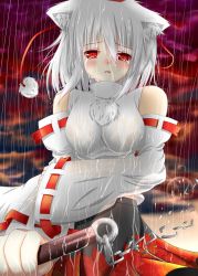 Rule 34 | 1girl, bare shoulders, blush, breasts, detached sleeves, fang, female focus, hino (kagami), inubashiri momiji, kagamihino, large breasts, rain, red eyes, solo, sword, tears, touhou, upper body, weapon, wet, wide sleeves, wolf ears