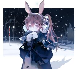 Rule 34 | 1girl, alternate costume, amiya (arknights), animal ears, arknights, bare tree, blue coat, blue scarf, border, brown eyes, brown hair, clenched hands, coat, commentary, earmuffs, english commentary, eyelashes, fence, gloves, hands up, highres, long hair, looking at viewer, nanaco (nana11jellyfish), night, outdoors, parted lips, ponytail, rabbit ears, scarf, shadow, snowing, solo, tree, white gloves, winter, winter clothes