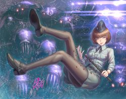 Rule 34 | 1girl, baton (weapon), black footwear, blood, bob cut, bracelet, breast pocket, breasts, brown eyes, brown hair, buttons, closed mouth, commentary request, commission, farfarello (resident evil), fingernails, fujii eishun, full body, garrison cap, glowing, glowing eyes, hat, highres, holding, holding weapon, jessica sherawat, jewelry, lips, long sleeves, looking at viewer, medium breasts, nail polish, ooze (resident evil), pantyhose, pocket, resident evil, resident evil: revelations, shirt, shoes, short hair, simple background, skeb commission, skirt, smile, uniform, watch, weapon, wristwatch