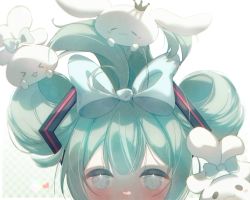 Rule 34 | &gt; &lt;, 1girl, :3, ^ ^, be-bird, black headwear, blue bow, blush, blush stickers, bow, cinnamiku, cinnamoroll, close-up, closed eyes, commentary, creature on head, crossover, crown, double bun, ear bow, expressionless, green hair, grey eyes, hair bow, hair bun, hands on own cheeks, hands on own face, happy, hatsune miku, heart, highres, looking at viewer, mini crown, polka dot, polka dot background, sanrio, straight-on, tied ears, updo, vocaloid, white background