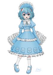 Rule 34 | 1girl, adapted costume, blue eyes, blue footwear, blue hair, dress, embellished costume, frilled dress, frilled shirt collar, frills, full body, hair ornament, highres, juliet sleeves, kawashiro nitori, long sleeves, looking at viewer, maid headdress, mary janes, open mouth, puffy sleeves, shoes, short hair, signature, socks, solo, standing, touhou, white background, white socks, yomogi 0001