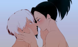 Rule 34 | 10s, 1boy, 1girl, bad id, bad pixiv id, black eyes, black hair, blue background, blush, boku no hero academia, completely nude, couple, eye contact, face-to-face, hand on another&#039;s face, hetero, imminent kiss, lips, looking at another, medium hair, multicolored hair, nude, parted lips, ponytail, red hair, saran, short hair, simple background, todoroki shouto, two-tone hair, upper body, white hair, yaoyorozu momo