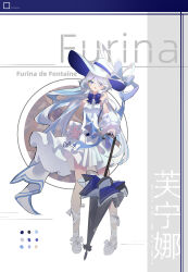 Rule 34 | 1girl, absurdres, alternate costume, black umbrella, blue bow, blue bowtie, blue eyes, bow, bowtie, character name, commentary request, dress, full body, furina (genshin impact), genshin impact, hat, highres, long hair, looking at viewer, open mouth, qixia, shoes, sleeveless, sleeveless dress, solo, standing, umbrella, very long hair, white dress, white footwear, white hair, white hat
