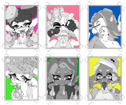 +_+ 6+girls ahegao blush boom_(pixiv_17287082) callie_(splatoon) cephalopod_eyes chest_sarashi condom condom_in_mouth condom_on_head crown crying dark-skinned_female dark_skin detached_collar double_v earrings fingerless_gloves food food_on_head frye_(splatoon) gloves hair_over_one_eye hand_on_own_head hands_on_own_face headphones highres holding holding_condom inkling jewelry long_hair marie_(splatoon) marina_(splatoon) mole mole_under_eye mole_under_mouth mouth_hold multicolored_hair multiple_earrings multiple_girls nintendo object_on_head octoling open_mouth pearl_(splatoon) photo_(object) pointy_ears sarashi shawl shirt shiver_(splatoon) simple_background smile splatoon_(series) splatoon_1 splatoon_2 splatoon_3 suction_cups tape tentacle_hair tongue tongue_out tooth_earrings used_condom v white_background