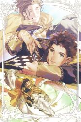 Rule 34 | 1boy, border, brown hair, cape, character name, claude von riegan, closed eyes, dated, dragon riding, earrings, fire emblem, fire emblem: three houses, gold trim, green eyes, grin, happy birthday, highres, jewelry, male focus, mikuroron, multiple views, nintendo, short hair, smile, teeth, yellow cape