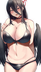 Rule 34 | 1girl, absurdres, alternate costume, bare arms, bare shoulders, bikini, black bikini, black choker, black hair, blue archive, blush, breasts, choker, cleavage, collarbone, hair between eyes, halo, hasumi (blue archive), highres, large breasts, long hair, looking at viewer, low wings, namazu (yamasonson), navel, open mouth, red eyes, sidelocks, simple background, smile, solo, stomach, swimsuit, white background, wings