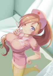 Rule 34 | 1girl, blue eyes, blush, breasts, brown hair, gradient background, hair ornament, hakuku815, hat, highres, holding, large breasts, leg up, long hair, looking at viewer, moe2021, nurse, one eye closed, original, ponytail, puffy sleeves, short sleeves, simple background, smile, solo, standing, thighhighs, white background