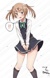 Rule 34 | !, !!, 1girl, bad id, bad twitter id, black socks, bow, brown eyes, commentary request, dated, dress, feet out of frame, green bow, hair bun, highres, kantai collection, kneehighs, light brown hair, meguru (megurunn), michishio (kancolle), michishio kai ni (kancolle), one-hour drawing challenge, pinafore dress, shirt, short hair, short twintails, skirt hold, sleeveless, sleeveless dress, socks, solo, spoken exclamation mark, standing, suspenders, twintails, twitter username, white background, white shirt, wind