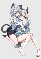 Rule 34 | 2girls, animal ears, barefoot, belt, black neckwear, black skirt, blue belt, blue eyes, blue jacket, blush, cat ears, cat tail, closed mouth, commentary, dog ears, dog tail, dress shirt, eila ilmatar juutilainen, grey background, grey hair, half-closed eyes, hand on another&#039;s face, highres, holding hands, hug, hug from behind, interlocked fingers, jacket, kogarashi51, long hair, looking at another, looking back, medium hair, military, military uniform, miniskirt, multiple girls, necktie, no legwear, no pants, parted lips, pleated skirt, sanya v. litvyak, shirt, simple background, sitting, skirt, smile, strike witches, tail, uniform, white shirt, wing collar, world witches series, yuri