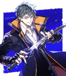 Rule 34 | 1boy, bags under eyes, brown eyes, cropped legs, drawing sword, fate/grand order, fate (series), formal, grey hair, high collar, highres, holding, holding sword, holding weapon, katana, koshika rina, long coat, looking at viewer, male focus, saitou hajime (fate), shinsengumi, short hair, smile, solo, suit, sword, weapon