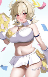 Rule 34 | 1girl, absurdres, ahoge, blonde hair, blue archive, breasts, cleavage, confetti, cowboy shot, crop top, gloves, halterneck, highres, holding, holding pom poms, kotori (blue archive), kotori (cheer squad) (blue archive), large breasts, looking at viewer, miniskirt, navel, open mouth, plump, pom pom (cheerleading), pom poms, red eyes, short twintails, skirt, smile, solo, tutane 1115, twintails, white gloves