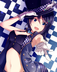 Rule 34 | 1girl, :d, bad id, bad pixiv id, bare arms, blue eyes, blue hair, breasts, cleavage, dutch angle, gloves, hair ornament, hand on headwear, hat, idolmaster, idolmaster dearly stars, ima (lm ew), medium breasts, midriff, mizutani eri, navel, open mouth, outstretched hand, pointing, revision, short hair, smile, solo
