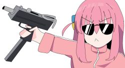 Rule 34 | 1girl, bocchi the rock!, bread forbidden, gotoh hitori, gun, gym uniform, highres, image sample, pink hair, solo, sunglasses, twitter sample, weapon, white background