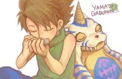 Rule 34 | 1boy, ayame (artist), blonde hair, blush, character name, child, closed eyes, creature, digimon, digimon (creature), digimon adventure, gabumon, harmonica, horns, instrument, ishida yamato, leaning on person, male focus, music, no gloves, sharp teeth, short hair, simple background, single horn, sleeping, teeth, white background