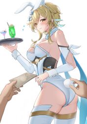 Rule 34 | 1girl, 1other, absurdres, animal ears, banknote, blonde hair, blush, breasts, brown eyes, chumugi, cleavage, cocktail glass, commentary request, cup, drinking glass, fake animal ears, fake tail, flying sweatdrops, genshin impact, highres, holding, holding money, holding tray, leotard, long hair, looking at viewer, lumine (genshin impact), medium breasts, melon soda, money, multiple girls, playboy bunny, pov, rabbit ears, rabbit tail, simple background, solo focus, standing, tail, thighhighs, tray, white background, white leotard, white thighhighs, wrist cuffs