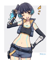 Rule 34 | 1girl, blue hair, brown eyes, fiery hair, flat chest, glowing lines, hand on own hip, highres, mochimochi (xseynao), navel, one eye closed, sena (xenoblade), short shorts, shorts, shoulder strap, side ponytail, simple background, solo, sports bra, white background, xenoblade chronicles (series), xenoblade chronicles 3