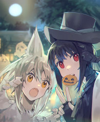 Rule 34 | 2girls, animal ears, black hair, black headwear, blurry, blurry background, blush, cheeze (akizone), claw pose, fangs, final fantasy, final fantasy xiv, full moon, ghost, highres, house, looking at viewer, moon, mouth hold, multiple girls, night, open mouth, original, outdoors, portrait, pumpkin, red eyes, renz (rirene rn), rirene rn, smile, teeth, tree, v, warrior of light (ff14)