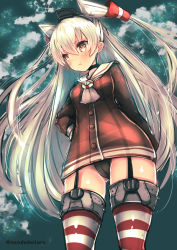 Rule 34 | 10s, 1girl, amatsukaze (kancolle), arm behind back, black panties, blue sky, blush, breasts, brown dress, brown eyes, cameltoe, choker, dress, foreshortening, from below, garter straps, hair tubes, hand on own hip, headgear, kantai collection, long hair, long sleeves, neckerchief, panties, pantyshot, pout, red thighhighs, sailor collar, sailor dress, see-through, silver hair, sky, small breasts, solo, standing, striped clothes, striped thighhighs, suzuho hotaru, thighhighs, twitter username, two side up, underwear