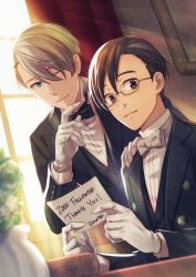 Rule 34 | 10s, 2boys, black hair, bow, bowtie, curtains, dutch angle, english text, formal, glasses, gloves, hand on another&#039;s shoulder, hitori dogeza, katsuki yuuri, male focus, md5 mismatch, multiple boys, one eye closed, plant, potted plant, resolution mismatch, silver hair, smile, source larger, suit, viktor nikiforov, white gloves, window, yuri!!! on ice