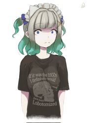 Rule 34 | 1girl, black shirt, blue eyes, clothes writing, empty eyes, english text, frown, gradient hair, green hair, hashtag-only commentary, highres, indie virtual youtuber, looking at viewer, maid headdress, mint fantome, multicolored hair, ozornayashoujo, sanpaku, shirt, signature, solo, two side up, upper body, virtual youtuber, white hair
