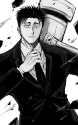 Rule 34 | 1boy, adjusting clothes, adjusting necktie, amico173, closed mouth, collared shirt, debris, formal, greyscale, hammer, hand up, highres, higuruma hiromi, jacket, jujutsu kaisen, long sleeves, looking down, male focus, monochrome, necktie, shirt, short hair, solo, suit