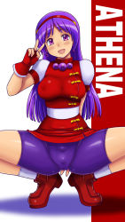 Rule 34 | 1girl, asamiya athena, blush, breasts, cameltoe, chinese clothes, fingerless gloves, gloves, highres, large breasts, legs, long hair, open mouth, purple eyes, purple hair, smile, snk, solo, squatting, the king of fighters, thick thighs, thighs, tsumitani daisuke, v
