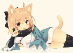 Rule 34 | 1girl, :3, :d, animal ears, arm guards, black bow, black scarf, black thighhighs, blush, bow, brown background, cat ears, cat girl, cat tail, fang, fate/grand order, fate (series), hair between eyes, hair bow, hand up, japanese clothes, kemonomimi mode, kimono, koha-ace, light brown hair, long sleeves, lying, mimo lm, okita souji (fate), okita souji (koha-ace), on side, open mouth, paw pose, scarf, simple background, sleeves past wrists, smile, solo, tail, thighhighs, white kimono, wide sleeves
