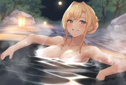 Rule 34 | 1girl, bath, blonde hair, blue eyes, blush, breasts, commission, dripping, full moon, granblue fantasy, grin, highres, hot tub, in water, lantern, large breasts, looking at viewer, moon, navel, nude, onsen, outdoors, relaxing, renzu (lens 02), seductive smile, skeb commission, smile, solo, steam, steaming body, sweat, sweatdrop, tree, upper body, wet, zeta (granblue fantasy)