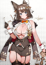 Rule 34 | animal ears, bikini, blue eyes, bow, bowtie, breasts, brown hair, brown vest, capelet, cleavage, fox ears, fox girl, fur-trimmed capelet, fur trim, garter straps, glasses, gloves, grey background, hair ornament, half gloves, highres, large breasts, micro bikini, miniskirt, navel, open clothes, open shirt, original, shirt, signature, skindentation, skirt, swimsuit, thighhighs, toridamono, vest, white shirt, wrist cuffs