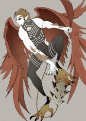 Rule 34 | 1boy, absurdres, bird legs, bird tail, black bodysuit, black sclera, body fur, bodysuit, boku no hero academia, colored sclera, facial hair, feathers, full body, furanko23, harpy boy, hawks (boku no hero academia), highres, large ears, large feet, looking to the side, male focus, monster boy, monsterification, pointy ears, profile, red feathers, red wings, short hair, sleeveless, sleeveless bodysuit, solo, stubble, tail, talons, toned, toned male, wings