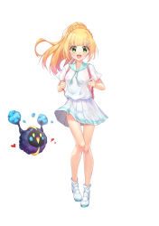 Rule 34 | 1girl, :d, backpack, bag, blonde hair, blush, braid, caron (straycat910), commentary request, cosmog, creatures (company), floating hair, full body, game freak, gen 7 pokemon, green eyes, holding strap, knees, legendary pokemon, legs together, lillie (pokemon), long hair, looking at viewer, nintendo, open mouth, pigeon-toed, pleated skirt, pokemon, pokemon (creature), pokemon sm, sailor collar, school uniform, serafuku, shirt, shoes, short sleeves, simple background, skirt, smile, socks, standing, tongue, white background, white footwear, white legwear, white shirt, white skirt