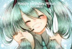 Rule 34 | 1girl, 2017, ^ ^, aqua hair, aqua necktie, bare shoulders, blue background, blush, closed eyes, collared shirt, dated, eyelashes, eyes visible through hair, facing viewer, gradient background, grey shirt, grin, hair between eyes, happy birthday, hatsune miku, head tilt, headphones, headset, holding, holding own hair, jupiponi, light particles, lips, long hair, microphone, multicolored background, necktie, pink lips, shirt, sidelocks, signature, sleeveless, sleeveless shirt, smile, solo, sparkle, teeth, twintails, upper body, vocaloid, white background