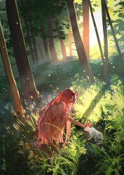 Rule 34 | 1girl, absurdres, black eyes, cat, chainsaw man, chinese commentary, commentary request, completely nude, dated, day, demon horns, expressionless, forest, from side, grass, highres, horns, leaf, light rays, long hair, looking at animal, meowy (chainsaw man), miaoximan, nature, nude, on grass, outdoors, petting, pink hair, plant, power (chainsaw man), profile, red horns, scenery, signature, solo, squatting, sunbeam, sunlight, tiptoes, tree, very long hair, white cat, wide shot