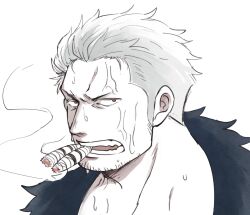 Rule 34 | 1boy, facial hair, frown, highres, looking at viewer, male focus, mature male, medium sideburns, one piece, portrait, sanpaku, scar, scar on face, scar on forehead, short hair, sideburns stubble, smoker (one piece), smoking, solo, sparse stubble, stitches, stubble, sweat, tsurime, very sweaty, white hair, yamakazi47