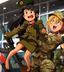Rule 34 | 3girls, american flag, black gloves, black hair, blonde hair, blue eyes, breasts, brown eyes, camouflage, camouflage jacket, camouflage pants, commentary, crying emoji, digital camouflage, emoji, english commentary, feet, full body, gloves, green shirt, green skirt, gun, hair between eyes, hat, highres, holding, holding weapon, jacket, khyle., large breasts, long hair, military hat, military uniform, multiple girls, north korean flag, open mouth, original, outdoors, pants, field cap, petite, photo-referenced, rifle, shirt, shoe loss, skirt, smile, sunglasses, taking picture, tearing up, toes, uniform, weapon