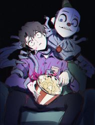 Rule 34 | 1boy, blood, blood on clothes, blouse, brown hair, couch, ennard, five nights at freddy&#039;s, five nights at freddy&#039;s: sister location, food, fullbban g, highres, holding, holding food, michael afton, popcorn, purple eyes, purple shirt, security guard, shirt, short hair, sitting