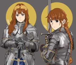 Rule 34 | 1girl, armor, artist logo, black eyes, braid, couter, expressionless, fantasy, gauntlets, grey background, highres, holding, holding sword, holding weapon, knight, long hair, mole, mole under eye, multiple girls, original, own hands together, plate armor, red hair, sidelocks, simple background, sword, wani (perfect han), weapon