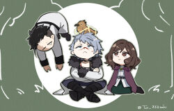 Rule 34 | 1girl, 2boys, :&lt;, animal, animal on head, belt, bird, bird on head, black footwear, blood, blood on face, boots, brooch, brown eyes, brown hair, chibi, choker, circle, cloak, closed eyes, coat, crossed arms, cuts, ehre (sousou no frieren), floating, green background, green skirt, grey hair, harness, highres, hood, hooded cloak, injury, jacket, jewelry, levitation, looking at animal, looking up, magic, multiple boys, on head, outstretched arms, pants, purple cloak, scharf (sousou no frieren), shirt, short hair, sitting, skirt, smile, sousou no frieren, stille (sousou no frieren), tao 333saki, tearing up, twintails, white coat, white jacket, white shirt, wirbel (sousou no frieren)