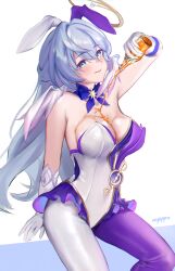 Rule 34 | 1girl, absurdres, adapted costume, animal ears, aqua eyes, bare shoulders, bottle, breasts, cleavage, commentary, fake animal ears, gloves, grey hair, head wings, highres, holding, holding bottle, honkai: star rail, honkai (series), large breasts, leotard, long hair, looking at viewer, multicolored pantyhose, nyeppu, pantyhose, pouring, pouring onto self, purple pantyhose, rabbit ears, robin (honkai: star rail), simple background, sitting, smile, solo, strapless, strapless leotard, thighs, two-tone pantyhose, very long hair, white background, white gloves, white leotard, white pantyhose, wings
