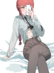 1girl bed black_bra black_necktie black_pants bra braid braided_ponytail chainsaw_man collared_shirt crossed_legs highres holding holding_phone long_hair looking_at_viewer makima_(chainsaw_man) midriff necktie one_eye_covered pants partially_unbuttoned phone raneblu red_hair ringed_eyes shirt shirt_tucked_in sidelocks simple_background sitting smile solo underwear white_background white_shirt yellow_eyes