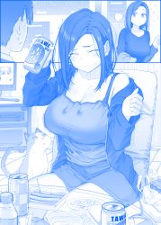 Rule 34 | 1boy, 1girl, alcohol, animal ears, bag, beer, beer can, blue theme, bottle, breasts, camisole, can, cat, cat ears, cat tail, cleavage, closed eyes, comic, commentary, drink can, dvd player, flying sweatdrops, food, getsuyoubi no tawawa, highres, himura kiseki, kouhai-chan (tawawa), large breasts, molcar, pui pui molcar, senpai (tawawa), shelf, short hair, shorts, silent comic, smile, sweat, sweatdrop, swept bangs, tail, television, translation request, unamused