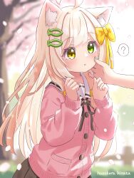 Rule 34 | 1girl, :o, ?, absurdres, ahoge, animal ears, bow, brown skirt, cat ears, cherry blossoms, fish hair ornament, green eyes, hair bow, hair ornament, hazakura hinata, heterochromia, highres, long sleeves, open mouth, original, outdoors, pink sweater, skirt, spoken question mark, sweater, upper body, variant set, yellow bow, yellow eyes
