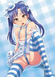 Rule 34 | 10s, 1girl, bare shoulders, blue hair, blush, breasts, brown eyes, censored, convenient censoring, covered erect nipples, dan (orange train), dress, gloves, hair ribbon, hat, idolmaster, idolmaster (classic), idolmaster cinderella girls, kisaragi chihaya, leg up, long hair, looking at viewer, mini hat, mini top hat, nipples, no bra, no panties, open mouth, pussy juice, ribbon, sitting, small breasts, solo, striped clothes, striped thighhighs, sweat, thighhighs, top hat, twintails