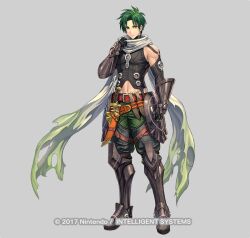 Rule 34 | 1boy, arm up, black gloves, black vest, brown footwear, commentary request, fire emblem, fire emblem: radiant dawn, fire emblem heroes, full body, gloves, green hair, green pants, izuka daisuke, looking at viewer, nintendo, official art, pants, scarf, solo, sothe (fire emblem), sothe (resplendent) (fire emblem), vest, white scarf, yellow eyes
