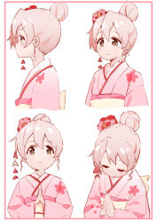 Rule 34 | 1249424879, 1girl, :/, absurdres, alternate costume, alternate hairstyle, blush, brown eyes, chinese commentary, closed eyes, closed mouth, commentary request, cropped torso, floral print, floral print kimono, flower, from side, frown, hair bun, hair flower, hair ornament, hatsumoude, highres, japanese clothes, kanzashi, kimono, light brown hair, long sleeves, looking at viewer, multiple views, new year, onii-chan wa oshimai!, own hands clasped, own hands together, oyama mahiro, pink kimono, print kimono, profile, red flower, simple background, single hair bun, straight-on, tareme, upper body, v-shaped eyebrows, white background, wide sleeves, yukata