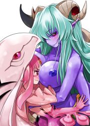 Rule 34 | 2girls, back, between breasts, black sclera, blush, breast press, breast smother, breasts, collarbone, colored sclera, demon horns, echidna (shinrabanshou), extra arms, face to breasts, fish girl, green hair, hair over one eye, height difference, horns, lamia, large breasts, leviathan (shinrabanshou), long hair, monster girl, multiple girls, nipples, nude, pink hair, red eyes, shinrabanshou, slit pupils, tears, yasu (yossy)