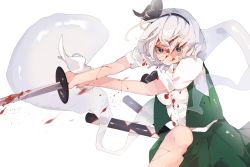 Rule 34 | 1girl, black bow, black ribbon, blood, blood in hair, blood on clothes, blood on face, blood splatter, bloody weapon, blue eyes, bob cut, bow, cuts, green vest, hair ribbon, higa (gominami), highres, holding, holding sword, holding weapon, injury, konpaku youmu, on one knee, puffy short sleeves, puffy sleeves, ribbon, shirt, short hair, short sleeves, simple background, slashing, solo, sword, touhou, vest, weapon, white background, white hair, white shirt