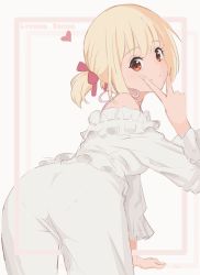 Rule 34 | 1girl, anho, ass, bent over, blonde hair, breasts, closed mouth, copyright name, frilled shirt, frills, heart, looking at viewer, looking back, lycoris recoil, nishikigi chisato, pajamas, pants, pantylines, red eyes, shirt, short twintails, sleepwear, smile, solo, twintails, v, v over mouth, white pants, white shirt