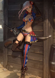 Rule 34 | 1girl, american flag bikini, american flag print, arm up, asymmetrical footwear, asymmetrical hair, belt, bikini, blue eyes, boots, breasts, bridal garter, brown belt, bun cover, cleavage, collarbone, cowboy western, cross-laced footwear, elbow gloves, fate/grand order, fate (series), feet out of frame, fingerless gloves, flag print, gloves, hair bun, highres, holding, holding sword, holding weapon, katana, lace-up boots, large breasts, long hair, looking at viewer, mismatched footwear, miyamoto musashi (fate), miyamoto musashi (fate/grand order), miyamoto musashi (swimsuit berserker) (fate), miyamoto musashi (swimsuit berserker) (second ascension) (fate), navel, pink hair, print bikini, raikoart, realistic, shrugging, single hair bun, solo, standing, standing on one leg, stomach, swept bangs, swimsuit, sword, thighhighs, thighs, weapon